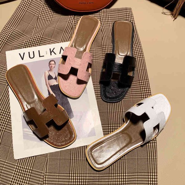 

h slippers women summer leather 2021 new style outdoor beach shoes fashion versatile net red flat bottom one line zlh, Black