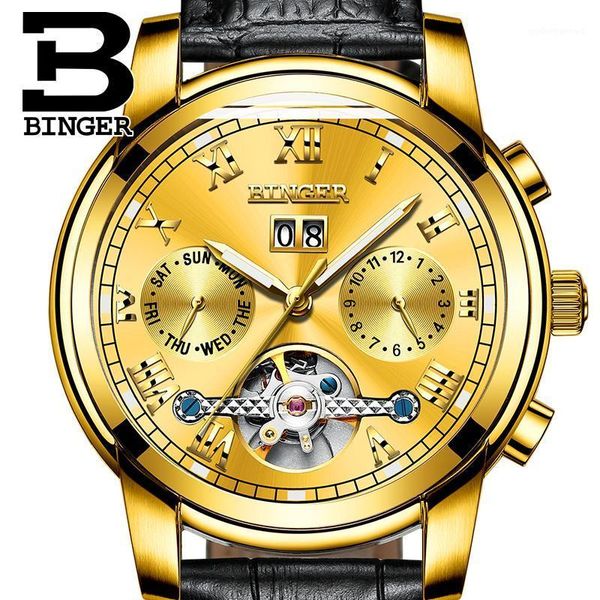 

extravagant men gold tourbillon watches self-winding genuine leather wristwatch worked 3 eyes analog watch roman calendar montre wristwatche, Slivery;brown