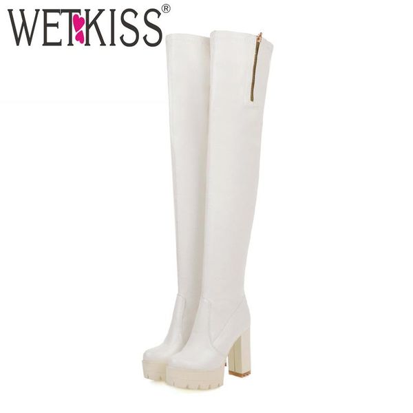 

boots wetkiss high heels women thigh boot female metal zip platform shoes ladies round toe pu winter plus size 33-48, Black