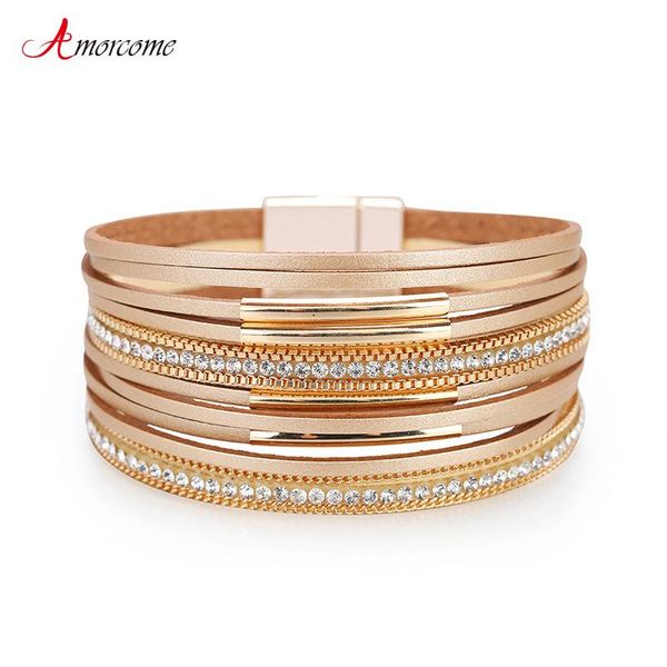 

tennis amorcome multilayer leather wrap bracelet handmade braided chain metal bar magnet buckle bracelets for women girls, Golden;silver