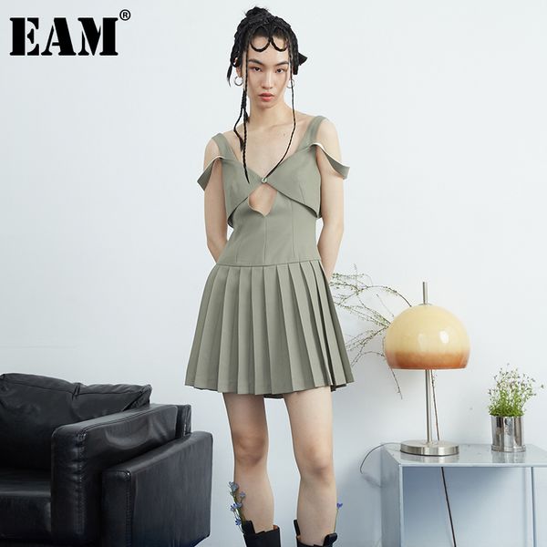 

[eam] women green pleated hollow out slim dress v-neck spaghetti strap loose fit fashion spring summer 1dd7062 21512, Black;gray