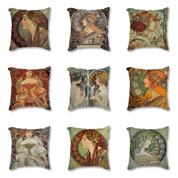 

cushion/decorative pillow vintage european art nouveau mucha gallery decorative cushion sofa pillowcase beautiful girl cotton linen cover 45