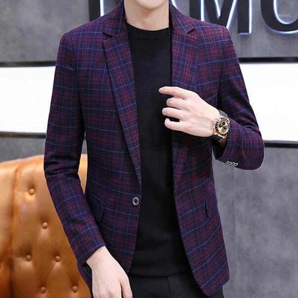 

men's suits & blazers fashion plaid print korean blazer men street wear single button slim fit mens social suit jacket autumn casual br, White;black