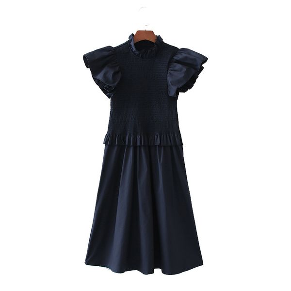 

spring women dress solid high neck fly shoulder elastic knee length female vintage casual woman clothes 210517, Black;gray
