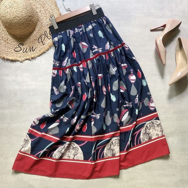 

skirts early spring skirt splicing cartoon print big cake high waist to show thin medium and long casual a-line 6cwd, Black