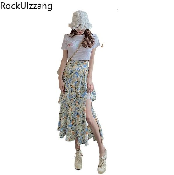 

skirts summer high waist cute vintage boho chiffon flower fashion cascading ruffle irregular midi long split skirt korean clothing sexy, Black