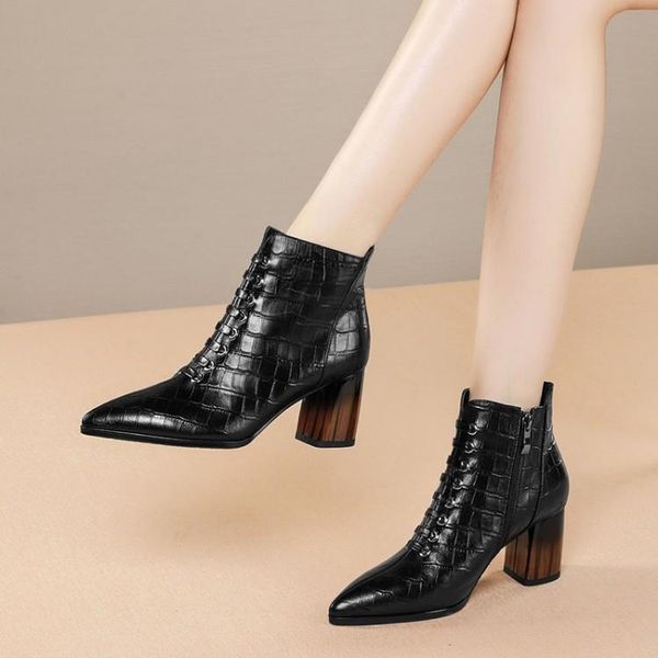 

boots mljuese 2021 women soft ankle cow leather winter short plush black color pointed toe high heels size 42