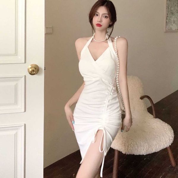

summer women's v-neck temperament slim dress 2021 split buttock skirt, Black