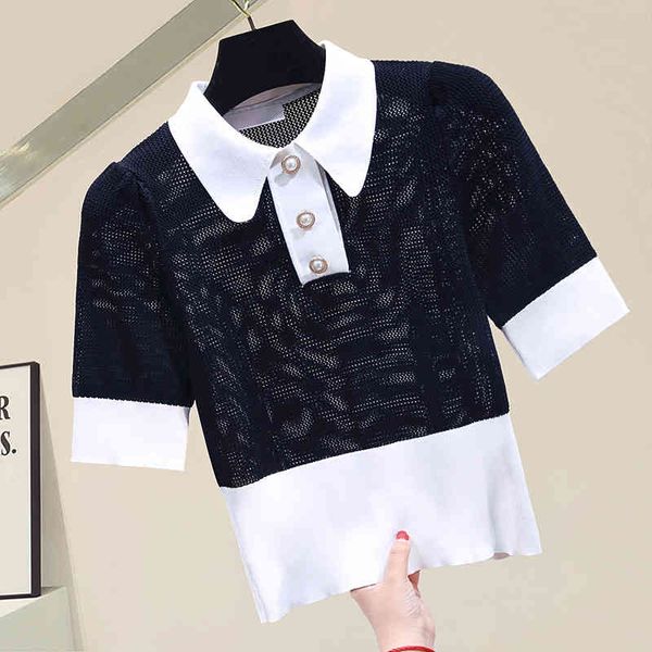 

shirt out knitted blouse women summer blusas mujer patchwork lapel short puff sleeve high blouses ladies, White