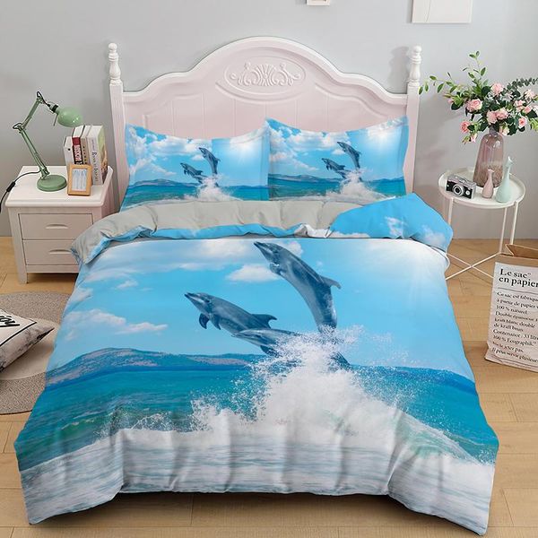 

bedding sets lovely dolphine single double  king size quilt duvet cover set with pillowcase 2/3 pcs animal bedclothes