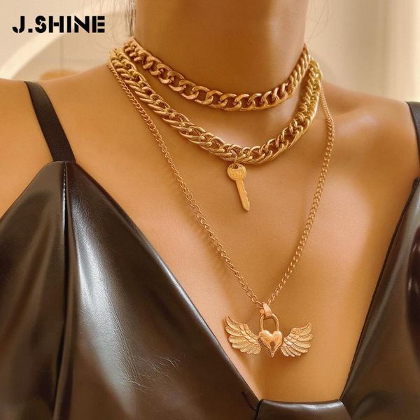 

pendant necklaces jshine exaggerate love heart lock key necklace women's valentine gift multi layer statement thick chain jewelry, Silver