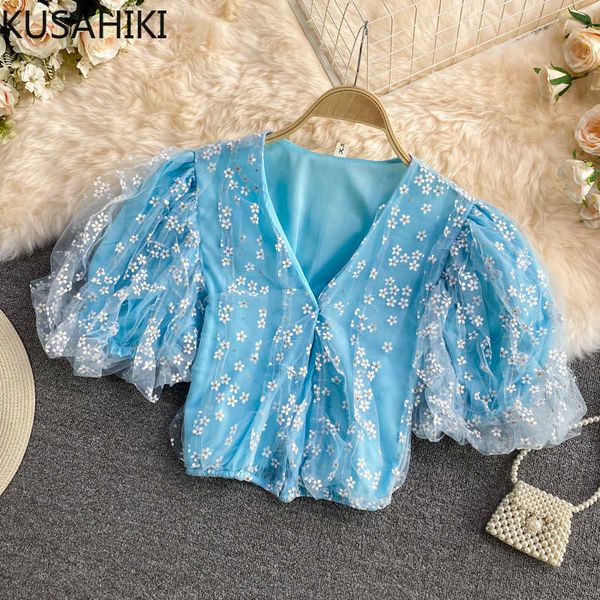 

mesh floral women blouse causal puff sleeve v-neck korean summer blusas shirt camisas mujer 6g936 210603, White