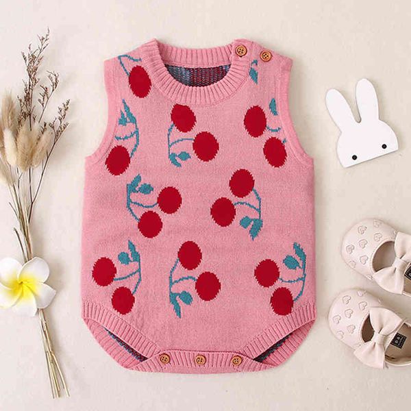 

infant baby romper born girl clothes vest rompers autumn girls knitted cherry braces 210429, Blue