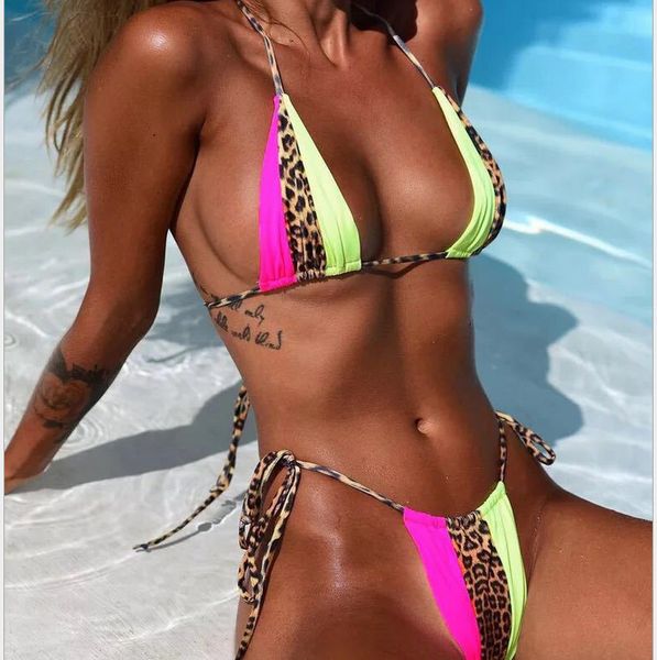 

women split swimsuit simple leopard pattern stitching bandage bikini, White;black