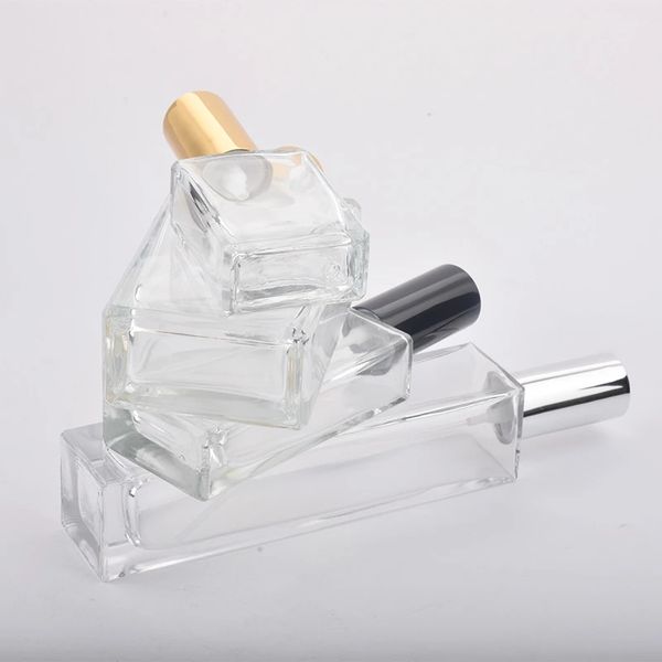 

15ml 30ml 50ml 100ml square flat glass empty spray bottle perfume liquid dispenser for makeup skin care (black/sliver lid) atomizer spray pe