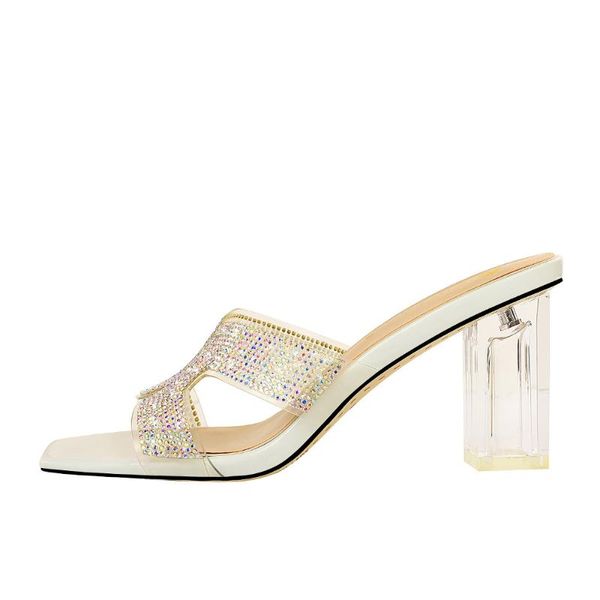 

sandals 2021 summer women crystal square heel ladies fashion outdoor high heels slippers open toe 7cm transparent, Black