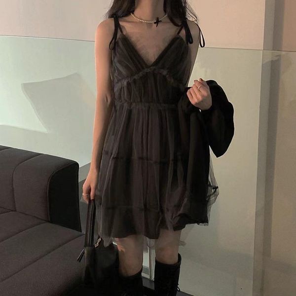

casual dresses summer mini dress 2021 holiday style girls mesh patch black spaghetti strap womens french retro female (n0074), Black;gray