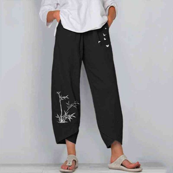 

trousers casual daisy print embroidery womens pant polyester elastic waist wide leg cotton linen, Black;white