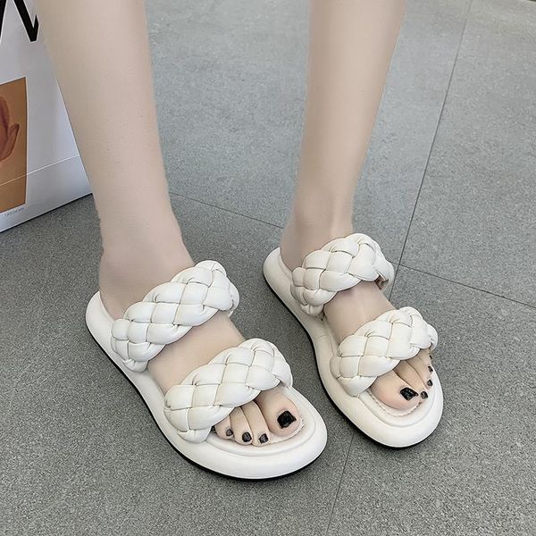 

women summer slipper brand weave ladies sandal shoes low open toe flat casual slides beach zapatos de mujer slippers, Black
