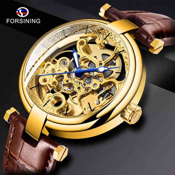 

fashion watches refining blue gold hands while automatic self-wind brand brown empty light-turning clock, Slivery;brown