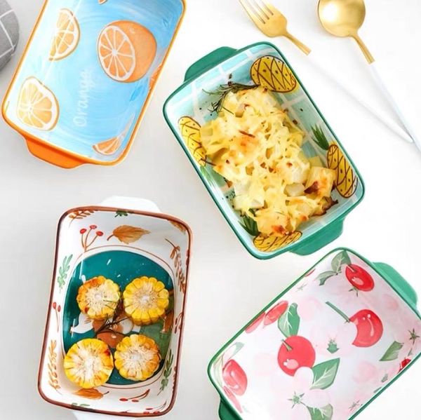 

dishes & plates binaural baking pan ceramic creative fruit plate household rectangular cheese baked rice microwave oven bow