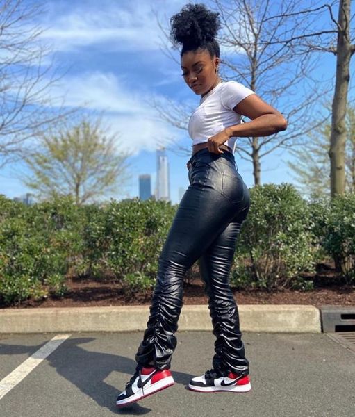 

women's leggings leather stacked joggers women bell bottom high street trousers solid ruched flare sweatpants, Black