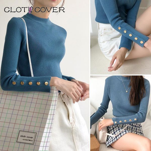 

pullover 2021 autumn winter women knitted foldover half high collar sweater casual rib slim jumper soft warm pull femme  women, White;black