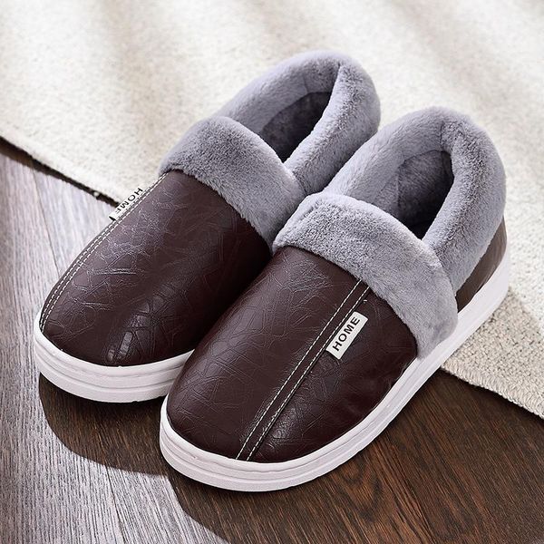 

slippers women men winter house pu leather cotton plush slip on fluffy warm casual ladies shoes couple boy girl fur slides, Black