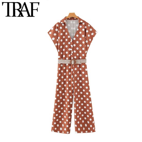 Mulheres Chic Moda Polka Dot com Cinto Jumpsuits Vintage V Neck Manga Curta Feminina Playsuits Casual Macacão Femme 210507