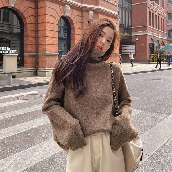 

women's sweaters 5 colors turtleneck knitted ladies 2021 autumn winter solid thickening loose casual pullover retro gentle sweater, White;black