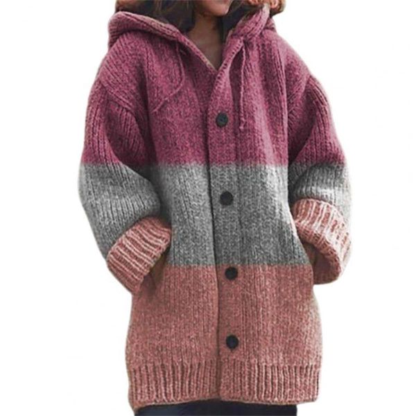 

women's jackets autumn winter women buttons closure long sleeve patchwork print drawstring hooded knitted cardigan outerwear, Black;brown