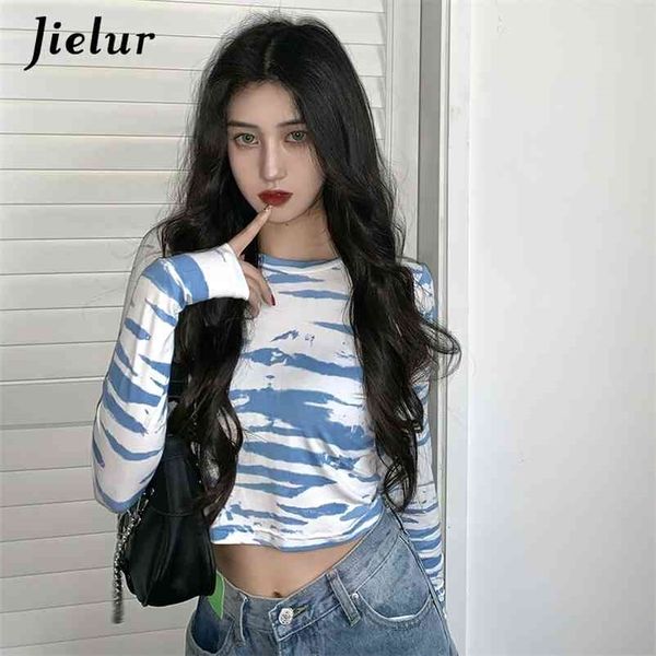

spring hit color women's t-shirt korean high waist slim harajuku bf fashion long sleeve blue casual t-shirts crop 210426, White