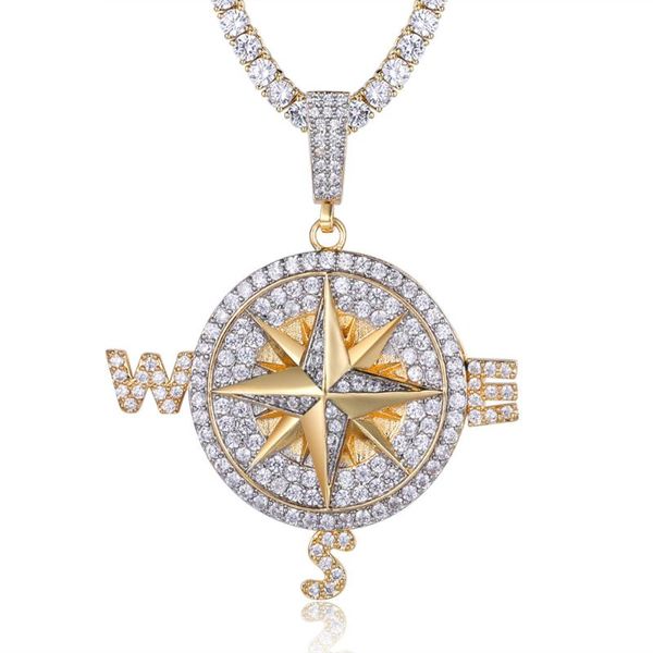

pendant necklaces 100% micro zircon hip hop compass double color necklace for men jewelry bling cz rapper custom accept, Silver