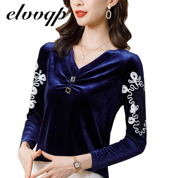 

women's t-shirt sping basic v-neck velvet slim t shirt women plus size casual long sleeve solid color embroidery clothes 3xl shirts lu, White