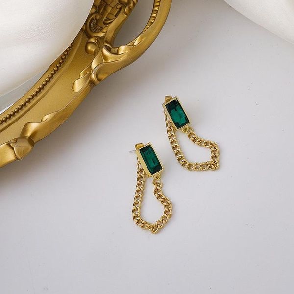 

vsnow elegant green color square rhinestone dangle earrings for women korean fashion chunky curb chain earings jewelry 2021 & chandelier, Silver