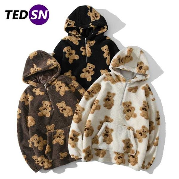 

tedsn hip hop lambswool jacket bear print pullover hooded hoodies men harajuku streetwear oversized couple coat outwear winter 211106, Black;brown