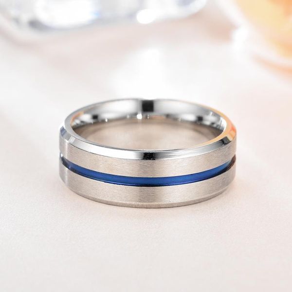 

cluster rings fashion 8mm stainless steel middle blue line ring men's groove mens, Golden;silver