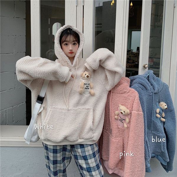 

women's jackets deeptown pocket female hoodie bear long kawaii sleeve korean-style sweatshirt thick fashion oversized beautiful kpop g, Black;brown