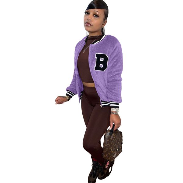 Damen Kunstfell-Baseballjacken, modische Stickerei, Plüsch, Oberbekleidung, Designer-Winter-Hip-Hop-Reißverschluss-Fleece-Uni-Mäntel für Damen