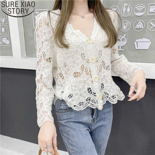 

v-neck cardigan lace summer crocheted floral shirts women hollow out blouse mujer long sleeve clothes 14460 210527, White