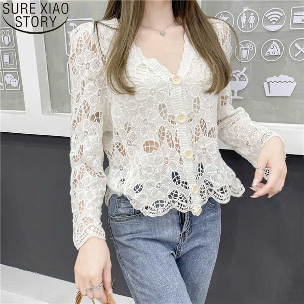 Sexy V-Pescoço Cardigan Lace Tops Verão Verão Crocheted Floral Camisas Mulheres Hollow Out Blusa Mujer Manga Longa Roupas 14460 210527