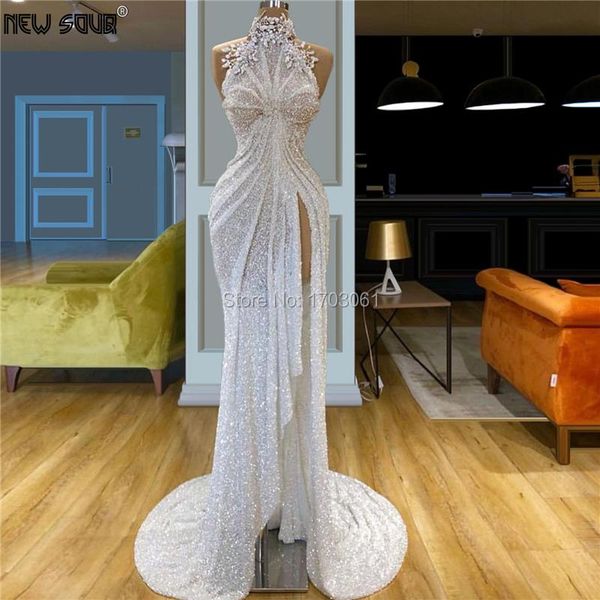 

party dresses couture dubai beading prom dress high split side islamic kaftan halter evening vestido women saudi arabic gown, White;black