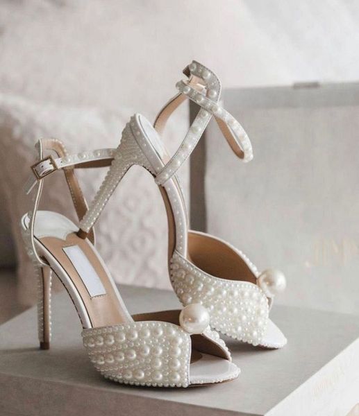 Estilista Sacora Sandálias Sapatos Pérolas Couro Branco Feminino Noite Noiva Salto Alto Estilista Lady Pumps Festa Casamento