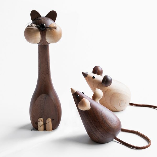 Gato e Mouse Wood para Artesanato Gato Estatuetas Quarto Infantil Decorativo Figurines Ornamentos para Home Acessório Acessório Coisas Bonitos 210318