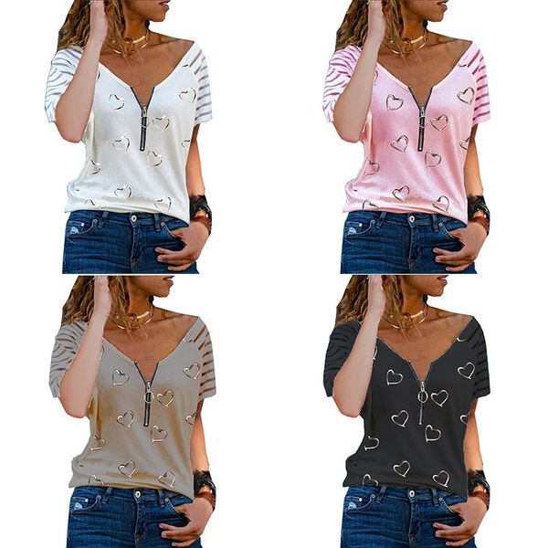 

women's t-shirt heart print casual t shirt v neck zipper loose short sleeve summer fashion plus size clothing, White
