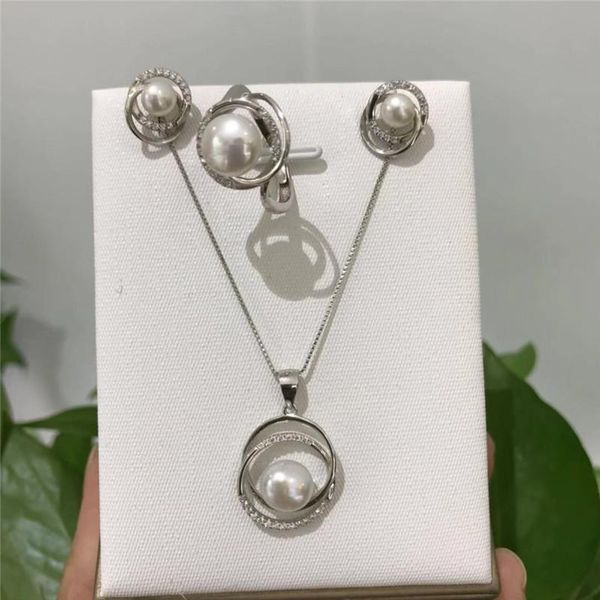 

earrings & necklace natural freshwater white pearl 7-8mm tibetan silver good quality zircon inlay pendant ring set