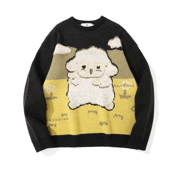 

men's hoodies & sweatshirts male sweater with round collar, long sleeve man jacket sheep cartoon and street fashion jacquard, pullover, Black