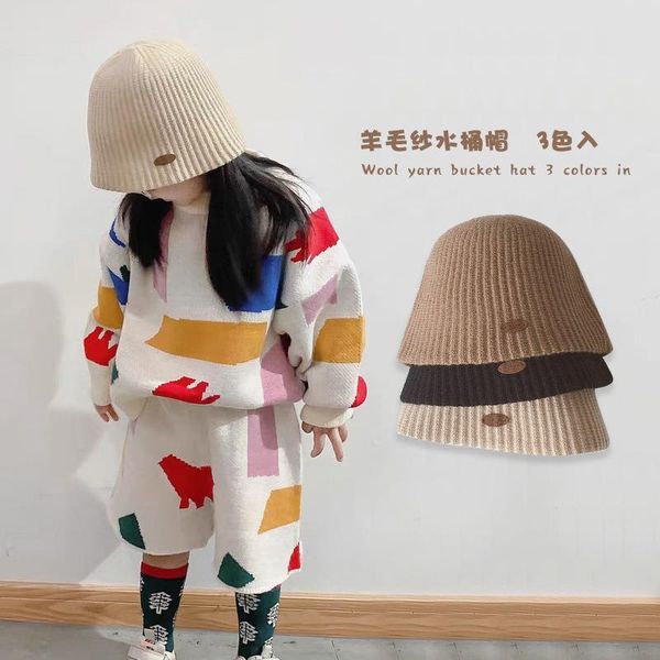 

caps & hats baby hat autumn and winter fashion solid color knitted bucket basin children fisherman for wearing, Yellow