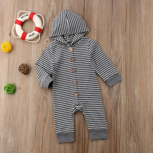 

long sleeve stripe buttons up hooded jumpsuit rompers for baby boy, White
