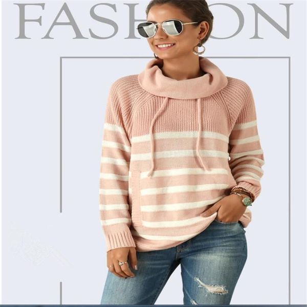 

women's sweaters women turtleneck sweater fall winter long sleeve strip pullover homme pocket drawstring plus size 2xl pink gree, White;black